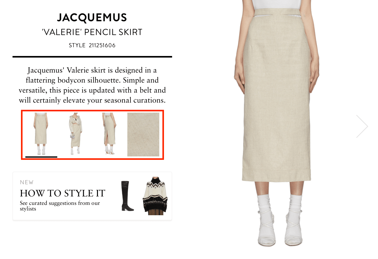 Ecommerce product pages optimization Jacquemus skirt