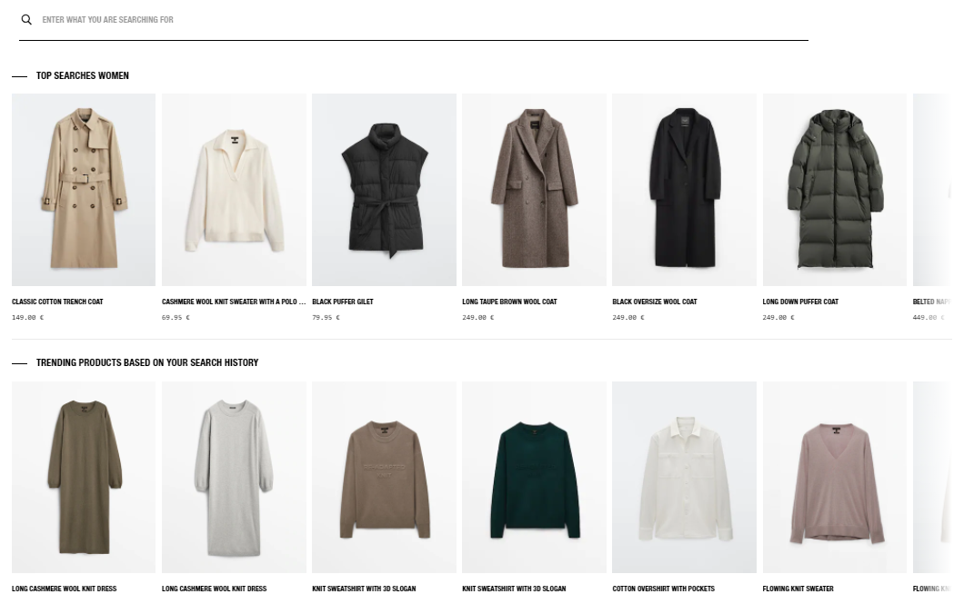 Massimo Dutti personalised search recommendations