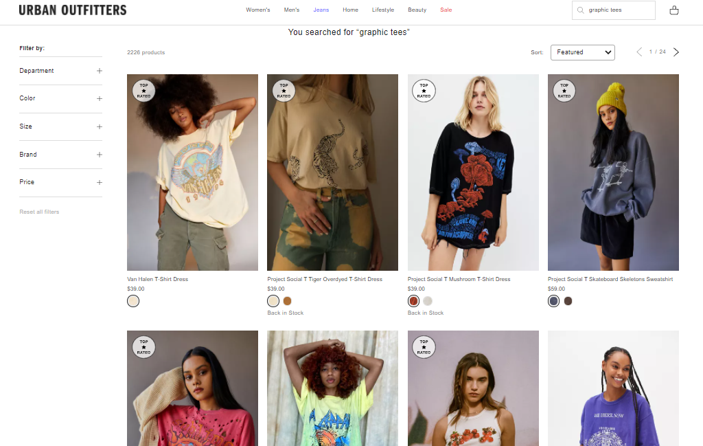 Urban Outfitters search results with badges